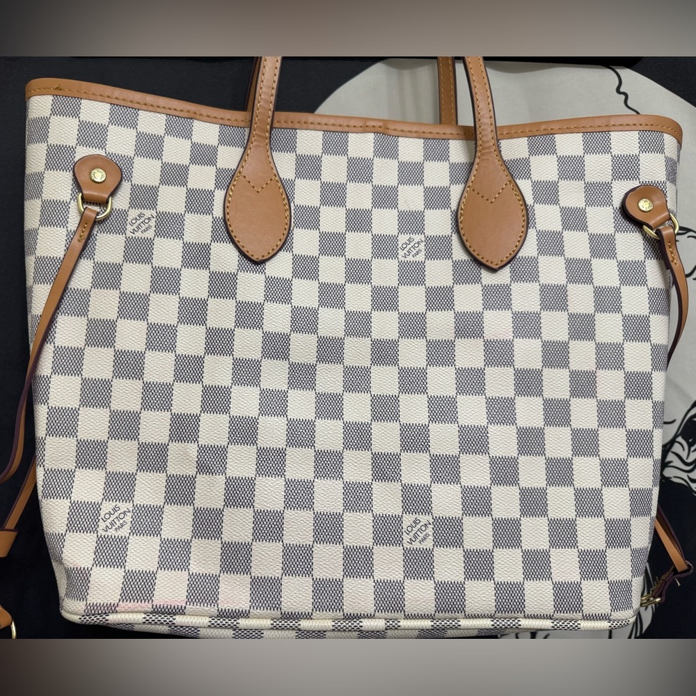 Designer Inspired White and Gray Check Tote with Tan Trim